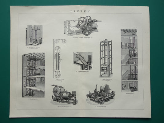 LIFTEN oude technologie prent uit het jaar 1919 over de Lift originele antieke techniek illustratie