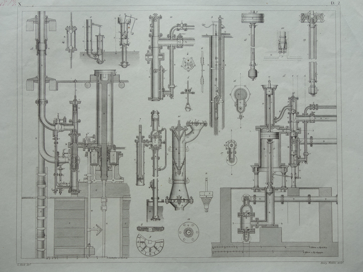Oude technologie print van pomp- en waterpompen Originele antieke illustratie uit 1851 Pompen Machines Machine vintage wetenschap prent