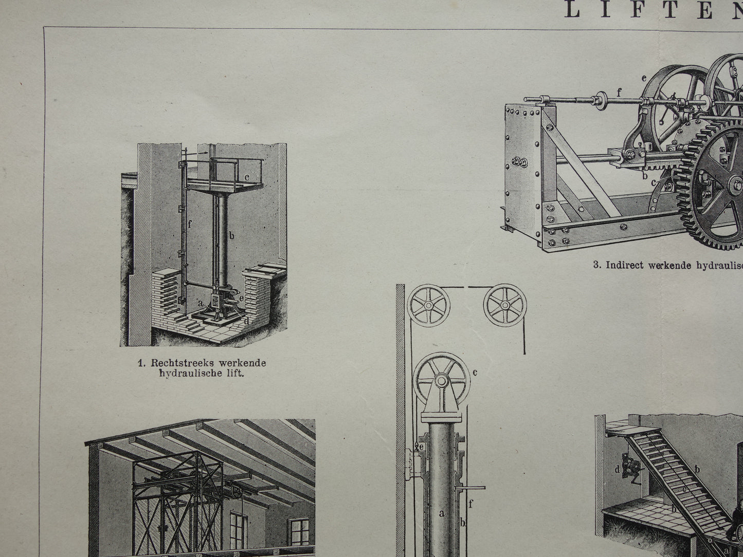 LIFTEN oude technologie prent uit het jaar 1919 over de Lift originele antieke techniek illustratie