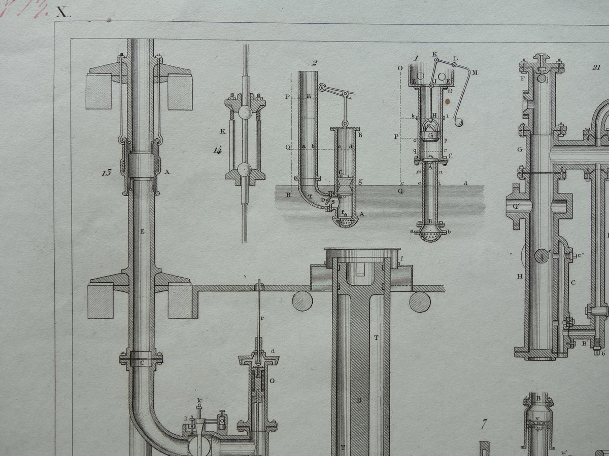 Oude technologie print van pomp- en waterpompen Originele antieke illustratie uit 1851 Pompen Machines Machine vintage wetenschap prent