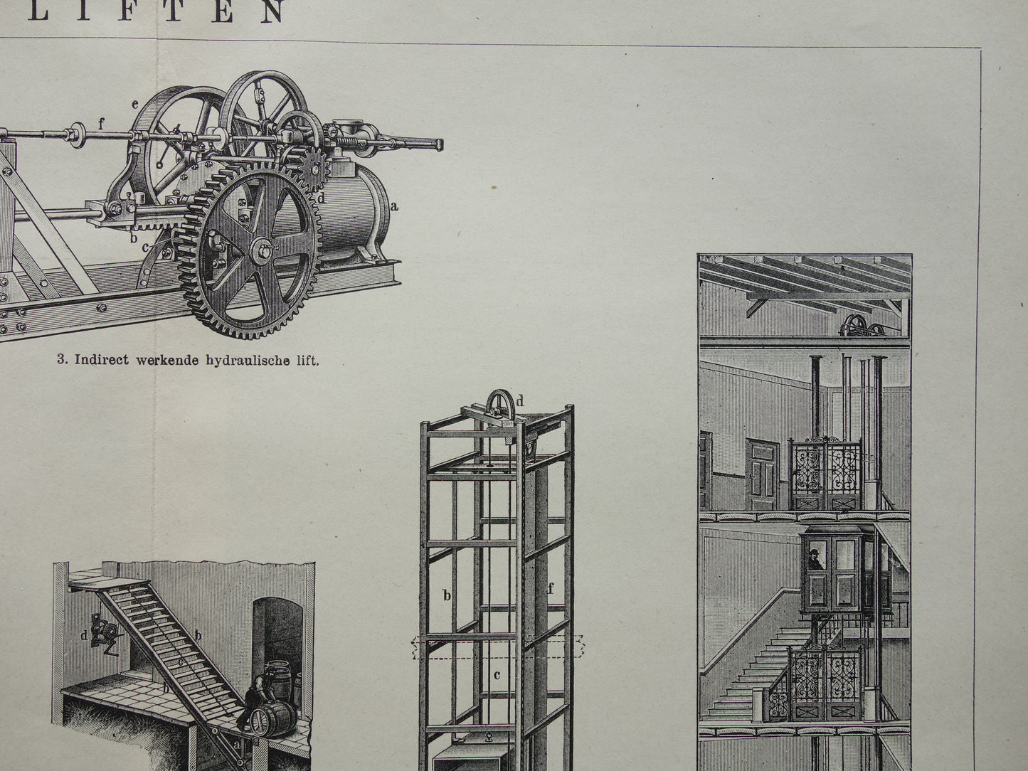 LIFTEN oude technologie prent uit het jaar 1919 over de Lift originele antieke techniek illustratie