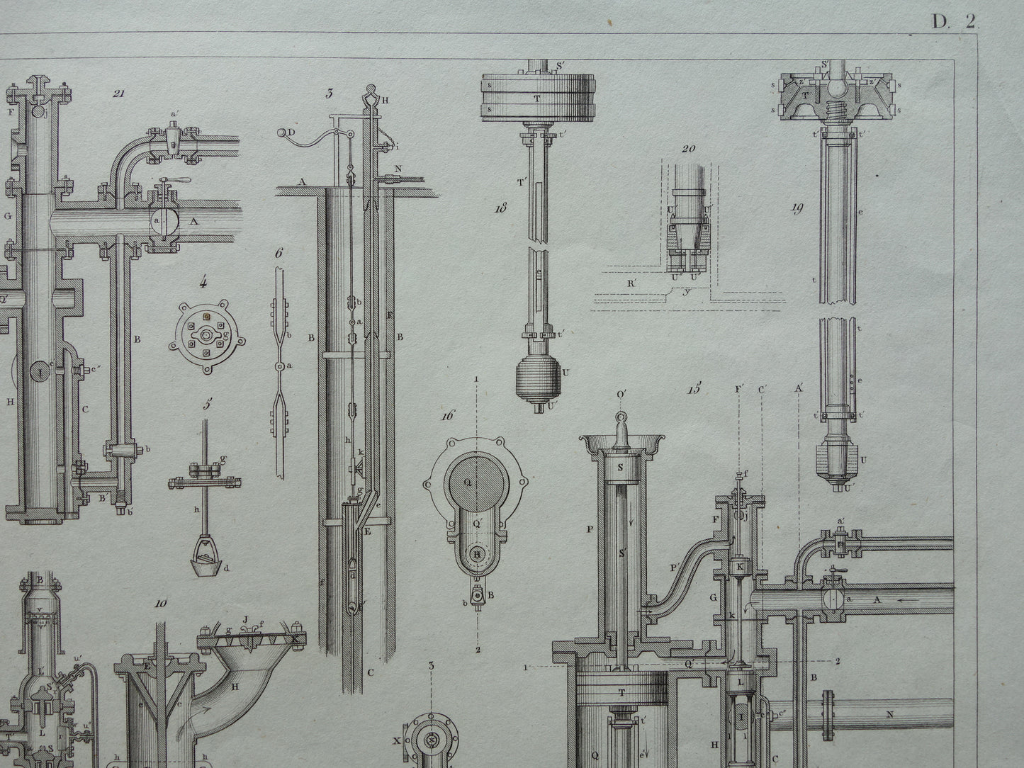 Oude technologie print van pomp- en waterpompen Originele antieke illustratie uit 1851 Pompen Machines Machine vintage wetenschap prent