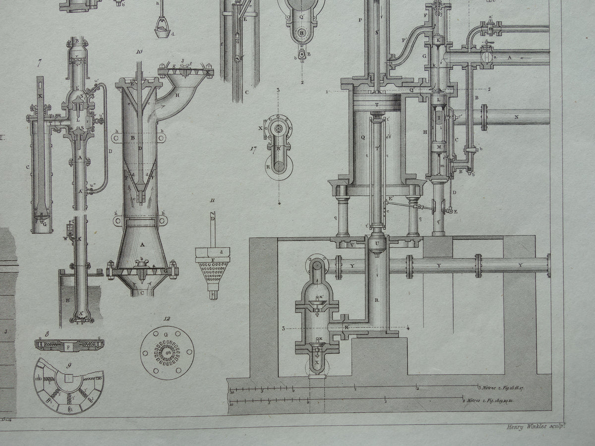 Oude technologie print van pomp- en waterpompen Originele antieke illustratie uit 1851 Pompen Machines Machine vintage wetenschap prent