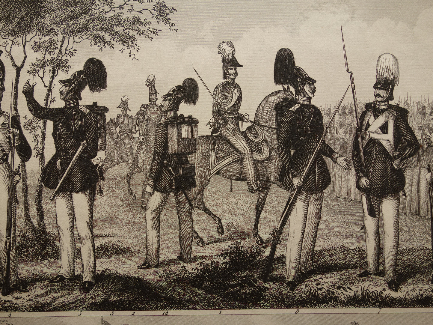 antieke gravure Duitse en Franse Infanterie mid 19e eeuw - oude militaire illustratie - vintage afbeelding uniformen leger Frankrijk Duitsland print