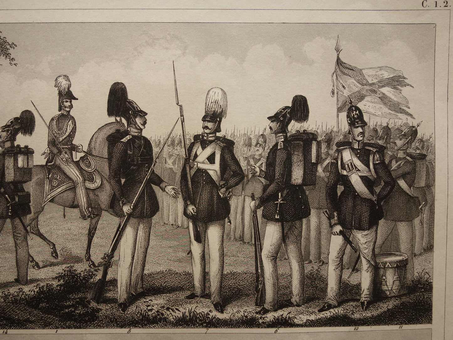antieke gravure Duitse en Franse Infanterie mid 19e eeuw - oude militaire illustratie - vintage afbeelding uniformen leger Frankrijk Duitsland print