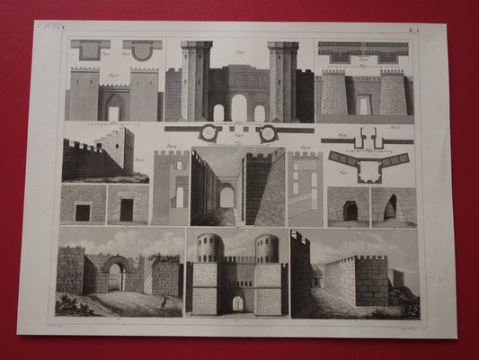 Oude prent van Grieks-Romeinse stadsmuur originele antieke illustratie uit 1849 Vestingwerken Rome Messene Byzantijnse muren vintage prints
