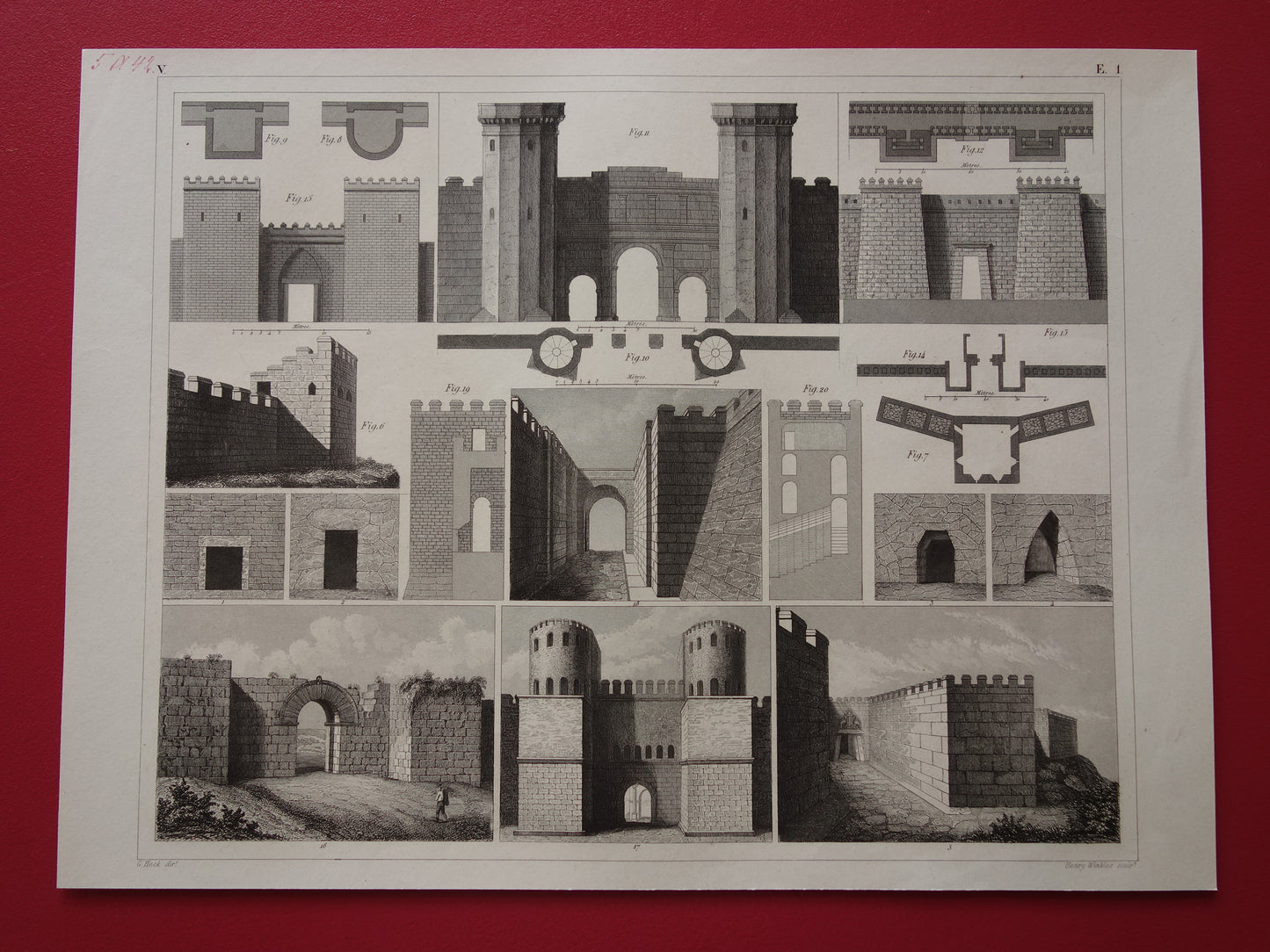 Oude prent van Grieks-Romeinse stadsmuur originele antieke illustratie uit 1849 Vestingwerken Rome Messene Byzantijnse muren vintage prints