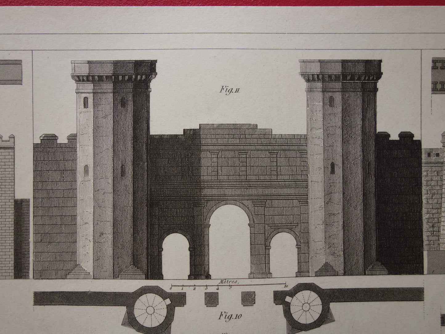 Oude prent van Grieks-Romeinse stadsmuur originele antieke illustratie uit 1849 Vestingwerken Rome Messene Byzantijnse muren vintage prints