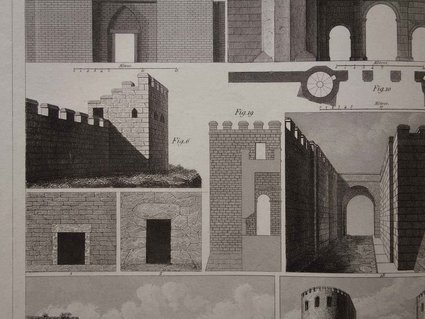 Oude prent van Grieks-Romeinse stadsmuur originele antieke illustratie uit 1849 Vestingwerken Rome Messene Byzantijnse muren vintage prints