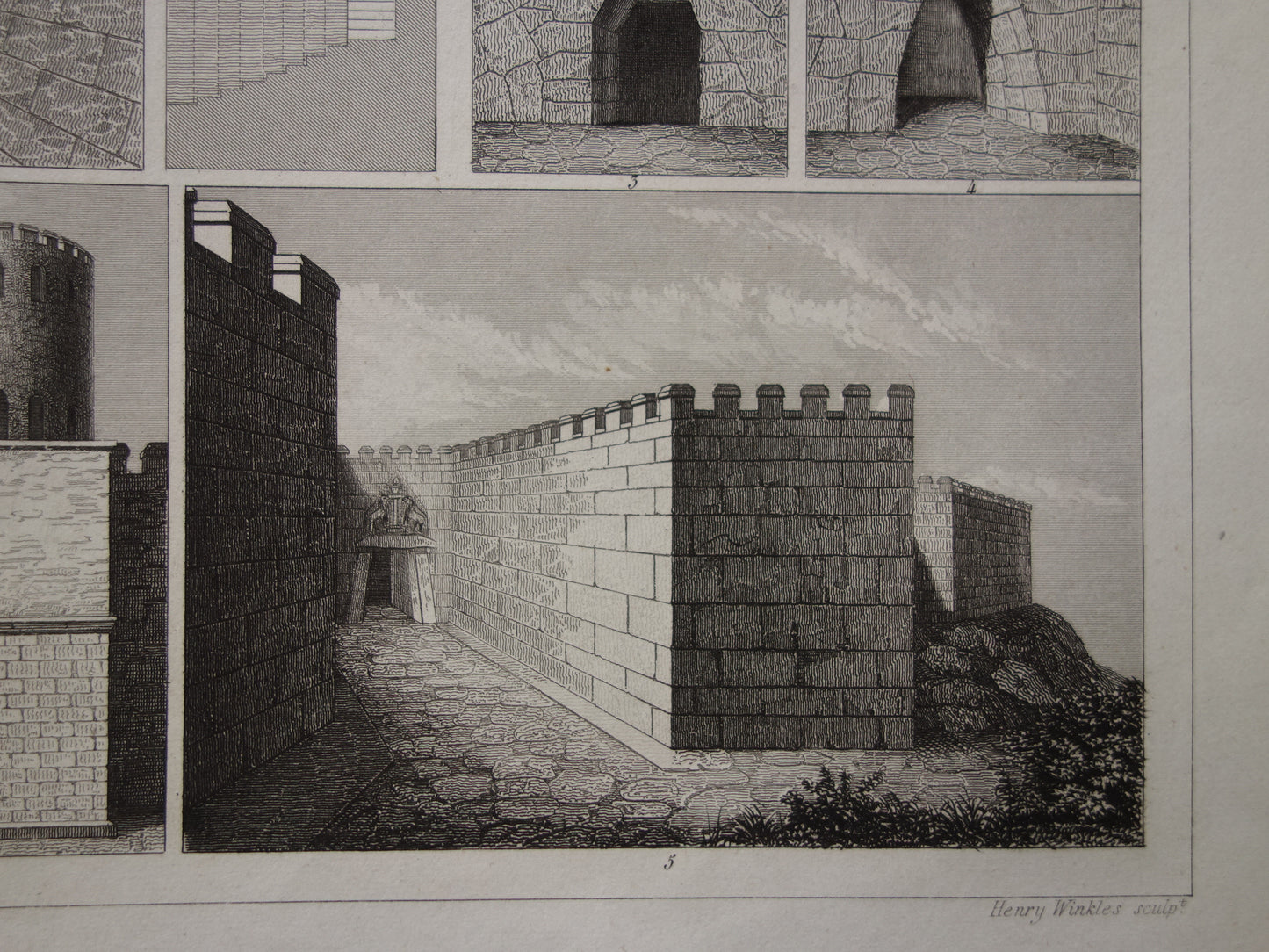 Alter Druck der griechisch-römischen Stadtmauer, originale antike Illustration aus dem Jahr 1849, Festungsanlagen, Rom, Messene, byzantinische Mauern, Vintage-Drucke