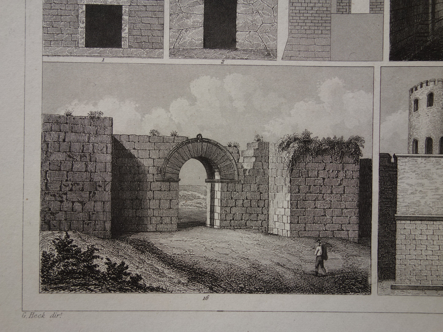 Oude prent van Grieks-Romeinse stadsmuur originele antieke illustratie uit 1849 Vestingwerken Rome Messene Byzantijnse muren vintage prints