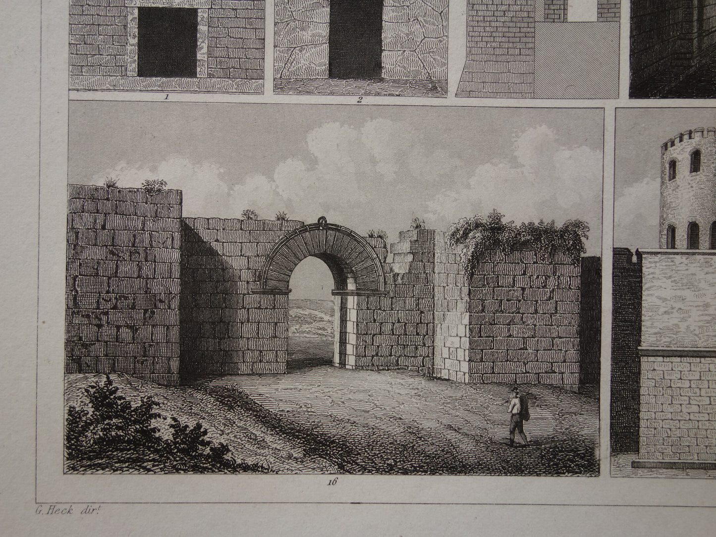 Alter Druck der griechisch-römischen Stadtmauer, originale antike Illustration aus dem Jahr 1849, Festungsanlagen, Rom, Messene, byzantinische Mauern, Vintage-Drucke