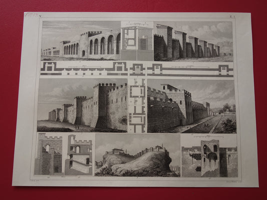 Stadsmuur Rome Pompeii Athene oude prent over historische fortificaties - originele antieke militaire illustratie - stadsmuren uit de oudheid print