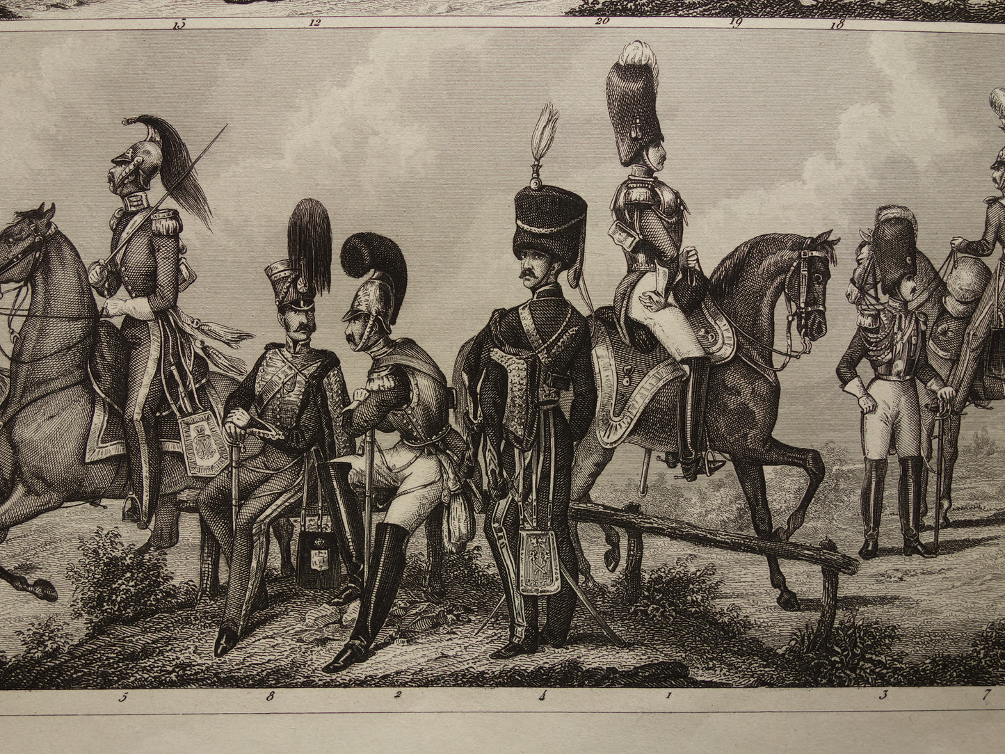 Engelse leger uniformen van midden 19e eeuw Cavalerie Artillerie antieke gravure - oude militaire illustratie - vintage afbeelding Brits uniform leger print