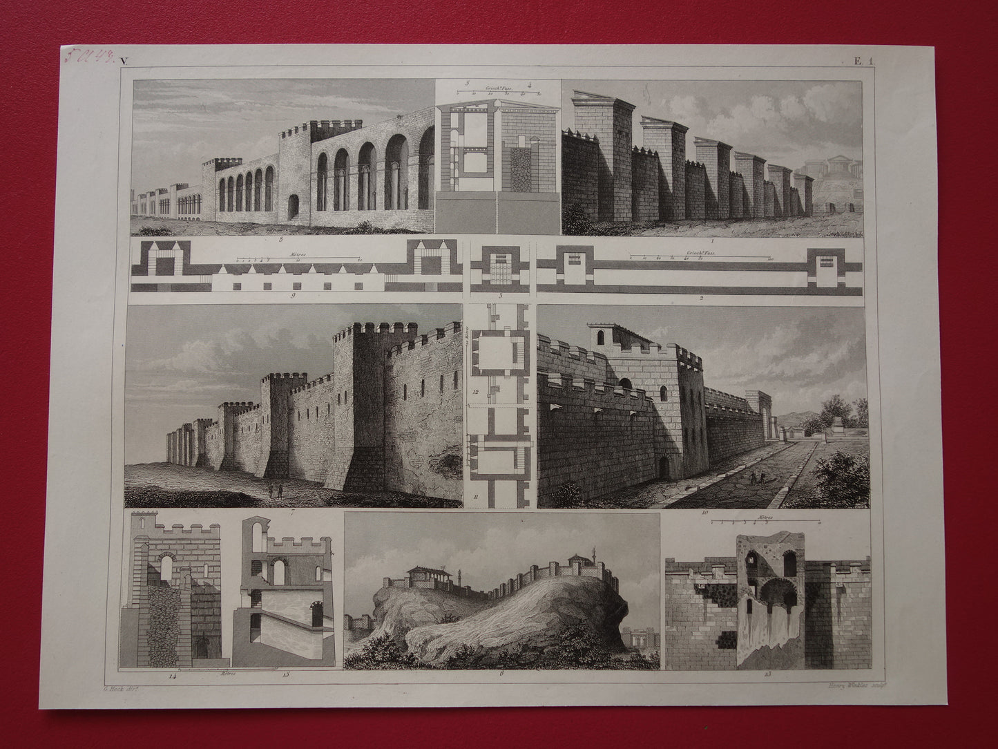 Stadsmuur Rome Pompeii Athene oude prent over historische fortificaties - originele antieke militaire illustratie - stadsmuren uit de oudheid print