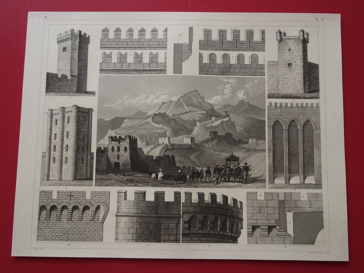 Oude militaire print van stadsmuren en grote muur van China originele antieke illustratie uit 1849 torens vestingwerken kantelen vintage prints