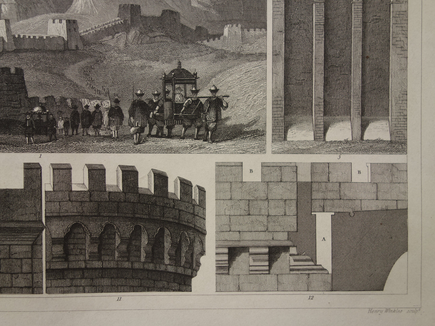 Oude militaire print van stadsmuren en grote muur van China originele antieke illustratie uit 1849 torens vestingwerken kantelen vintage prints