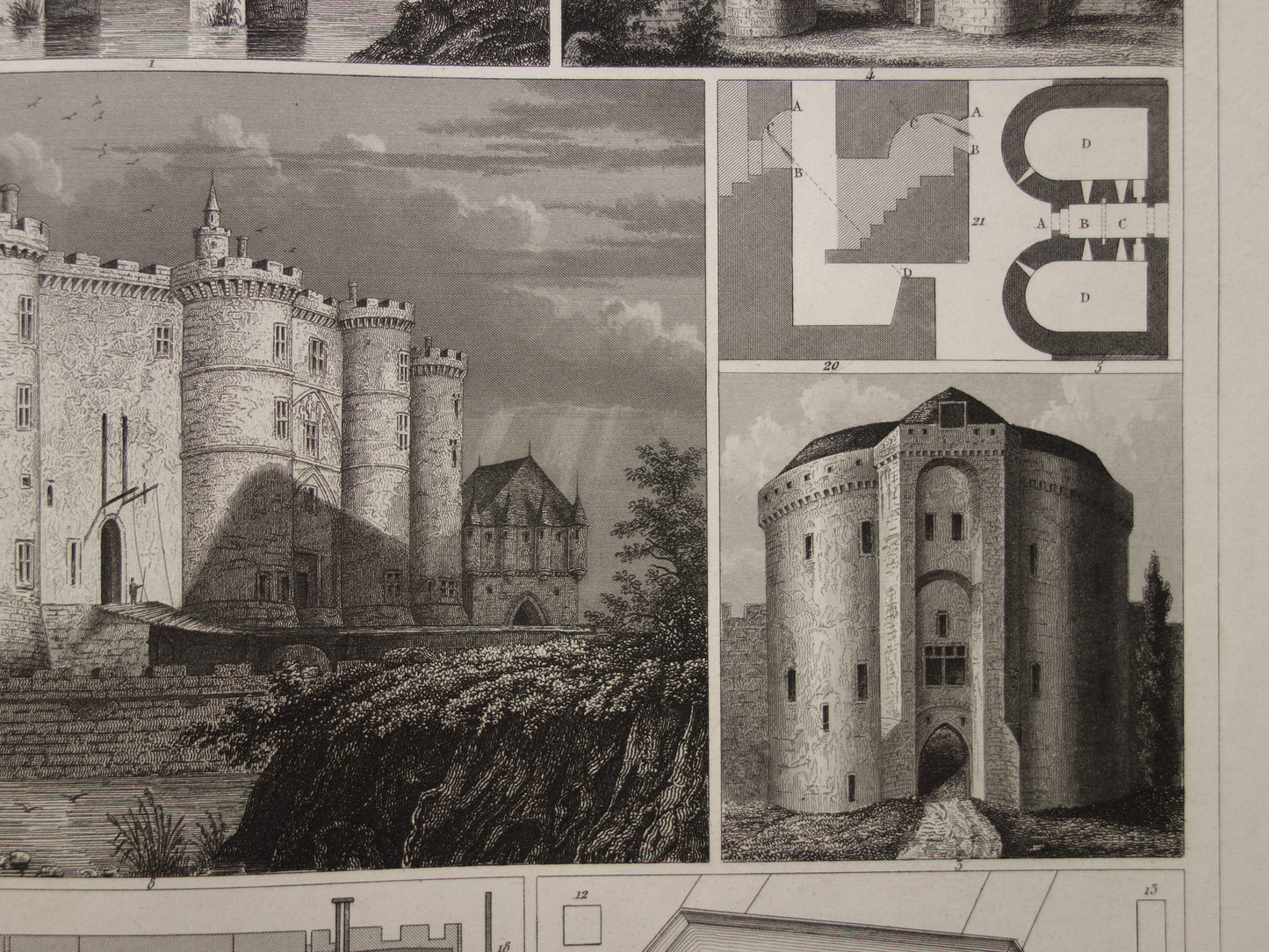VESTINGEN uit de Middeleeuwen oude prent over historische fortificaties - originele antieke militaire illustratie Louvre Bastille Parijs - leger print