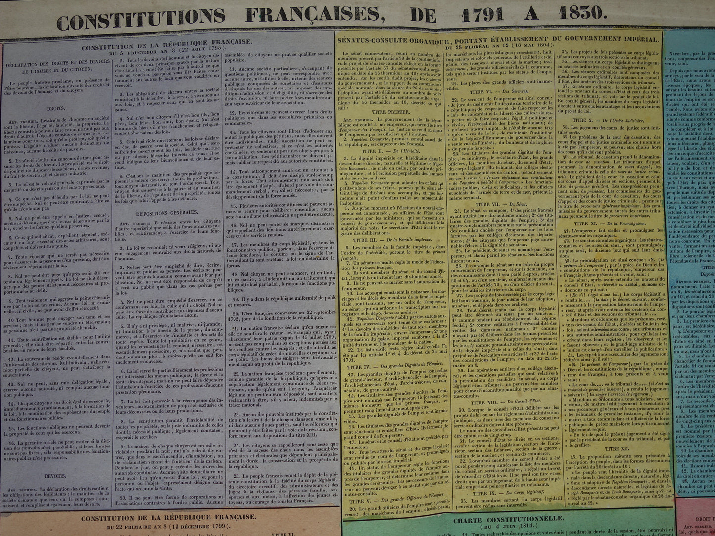 De Franse grondwet van 1791 tot 1830 Grote oude prent - Originele antieke print - Constitutions Francaises, de 1791 a 1830. Binet Goetschy