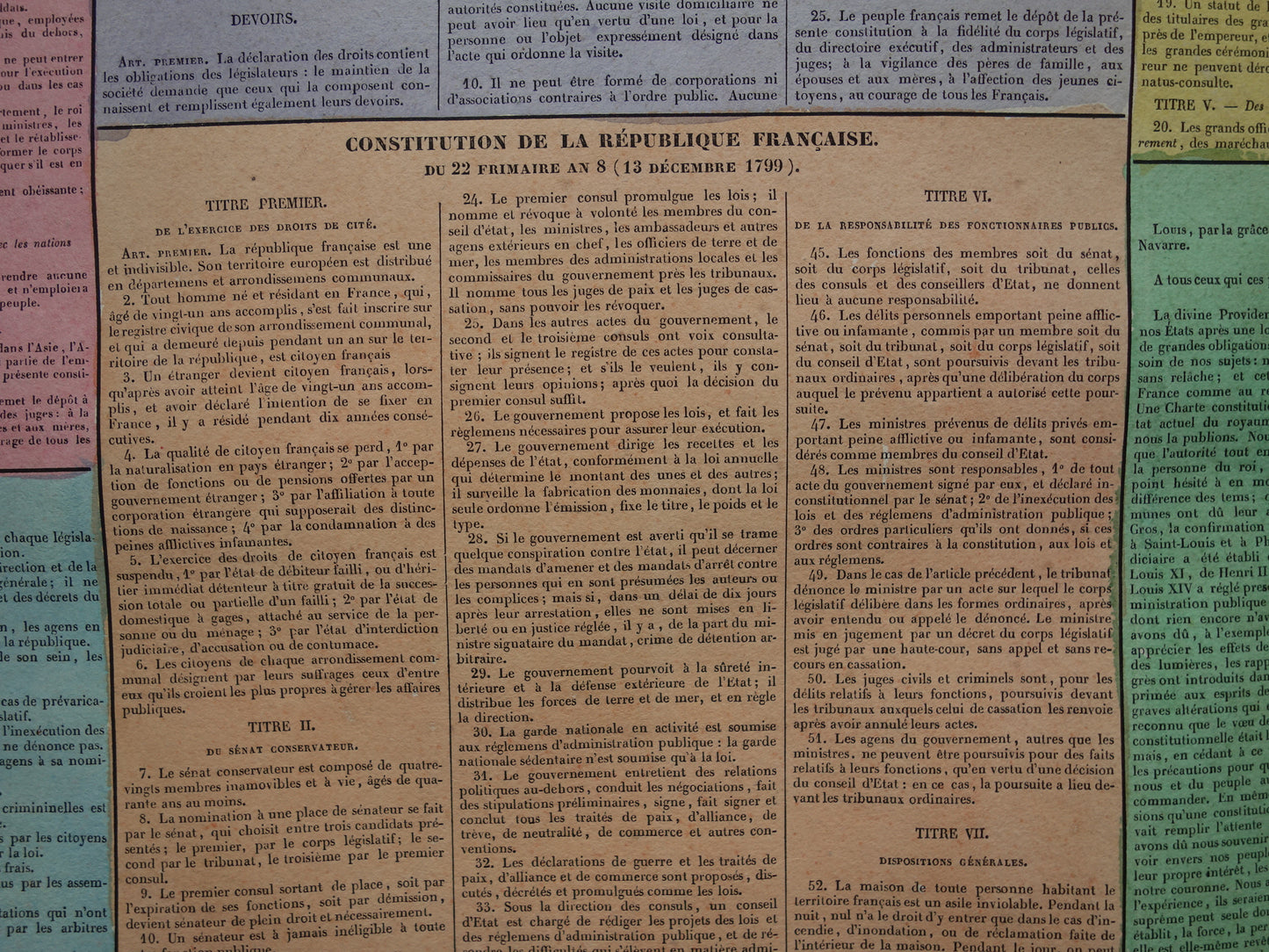 De Franse grondwet van 1791 tot 1830 Grote oude prent - Originele antieke print - Constitutions Francaises, de 1791 a 1830. Binet Goetschy