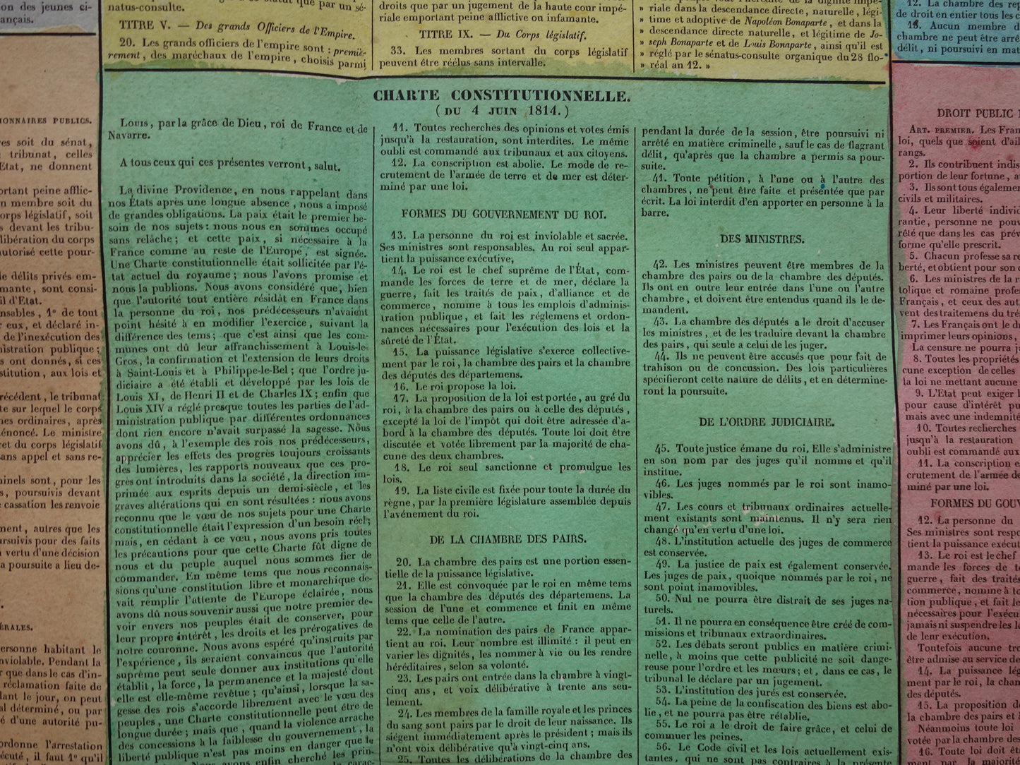 De Franse grondwet van 1791 tot 1830 Grote oude prent - Originele antieke print - Constitutions Francaises, de 1791 a 1830. Binet Goetschy