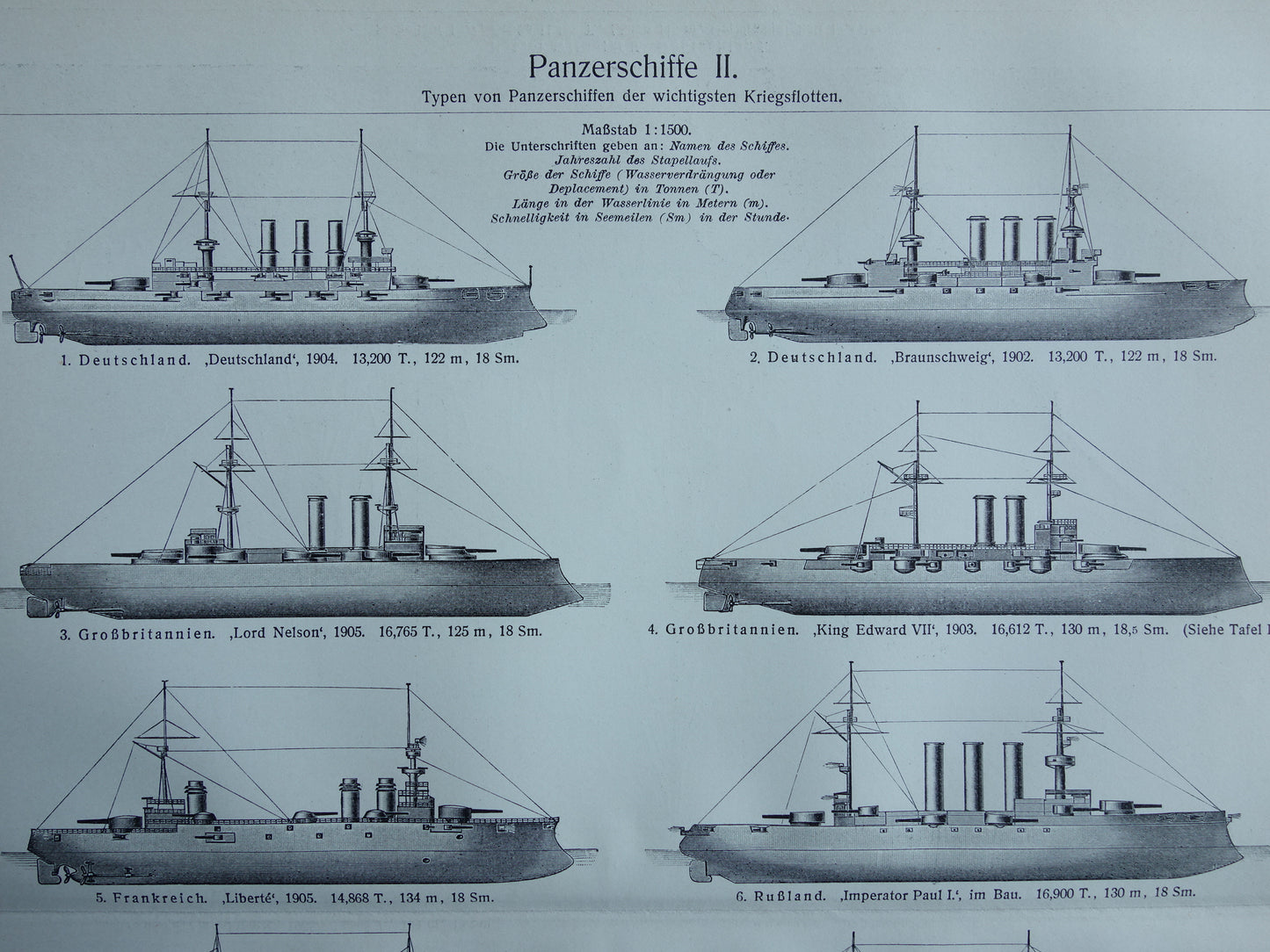 SLAGSCHEPEN oude prent pre WWI Oorlogsschepen 1909 antieke prent pre-dreadnought slagschip