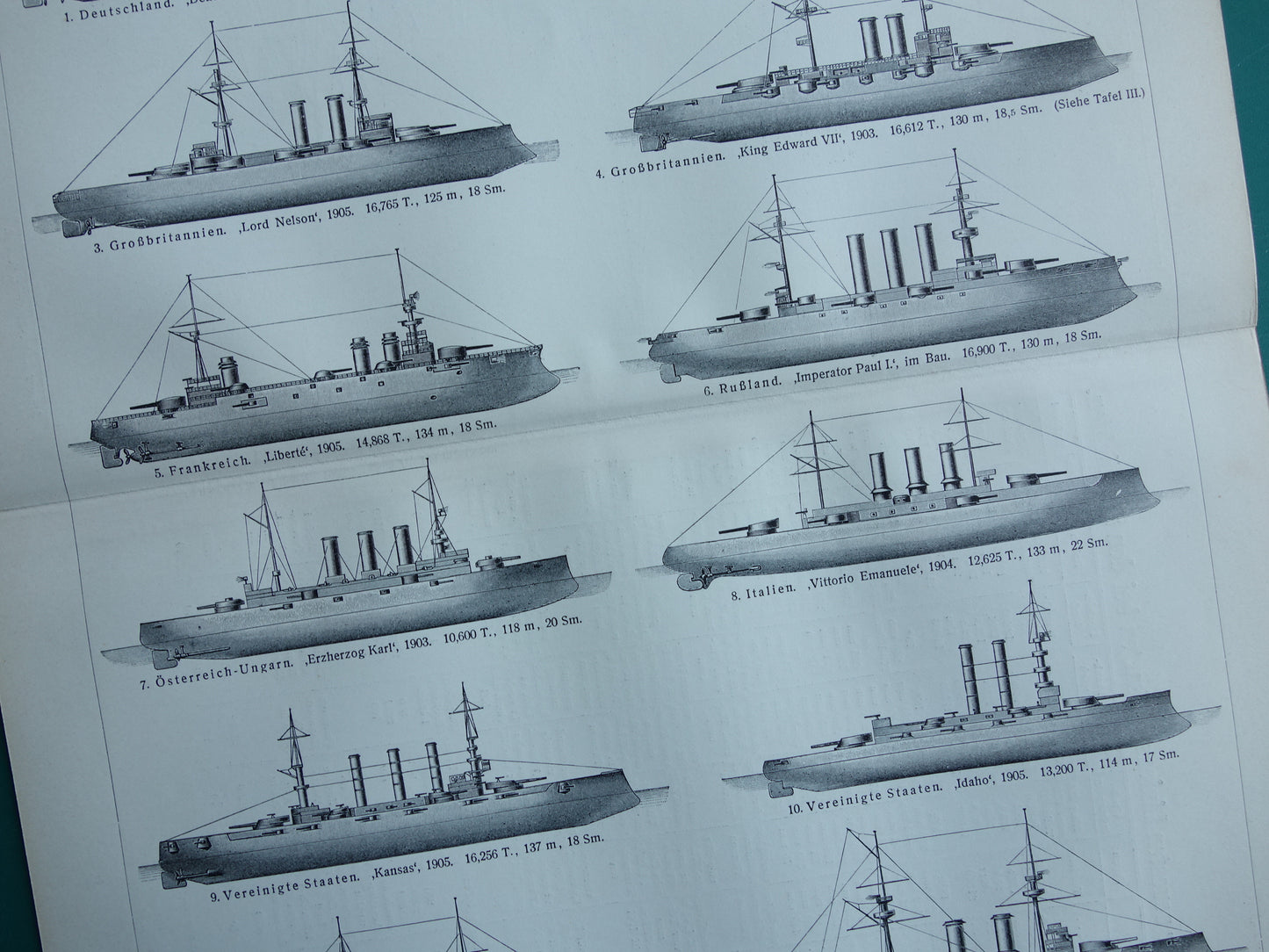 SLAGSCHEPEN oude prent pre WWI Oorlogsschepen 1909 antieke prent pre-dreadnought slagschip