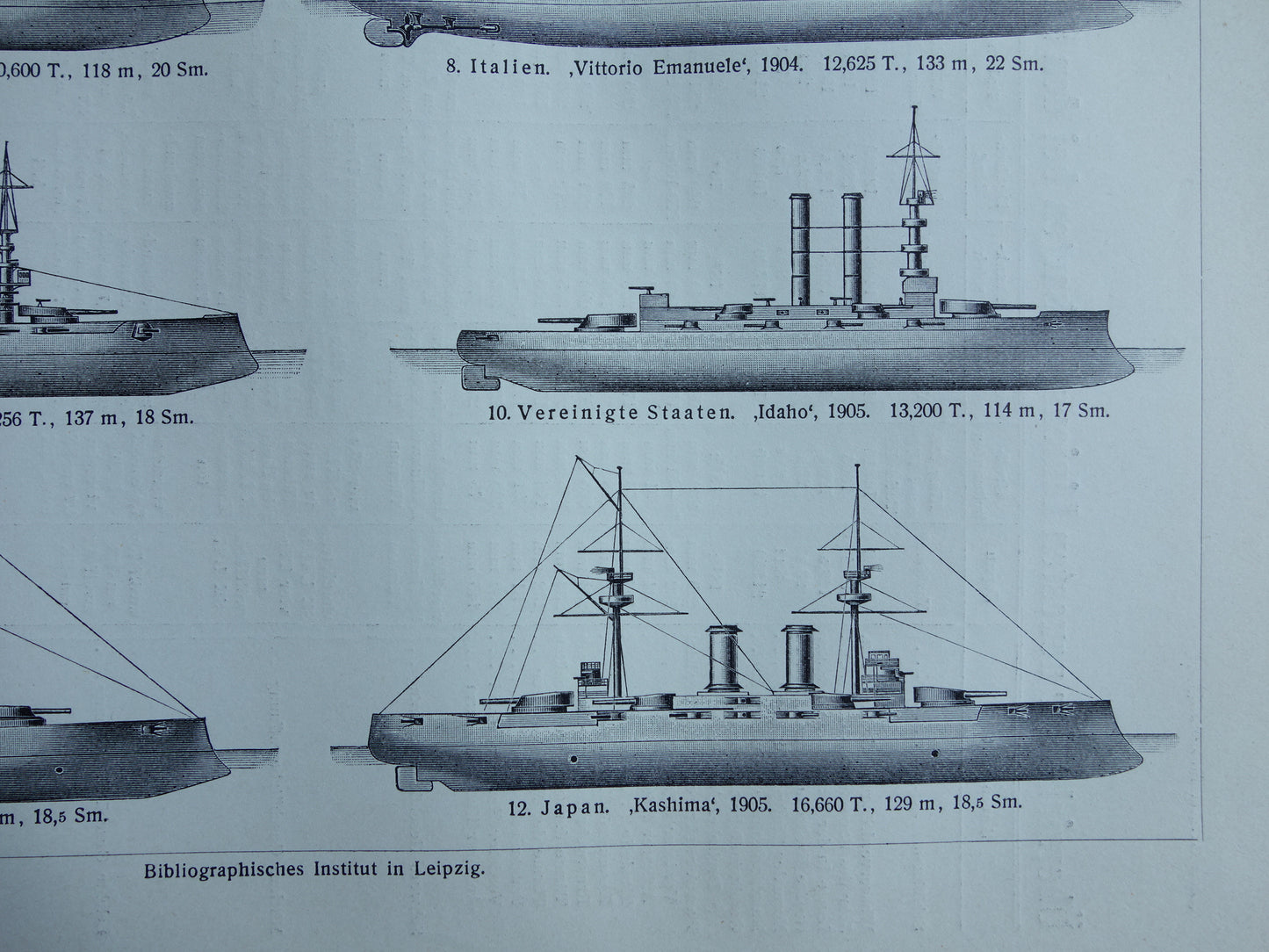 SLAGSCHEPEN oude prent pre WWI Oorlogsschepen 1909 antieke prent pre-dreadnought slagschip