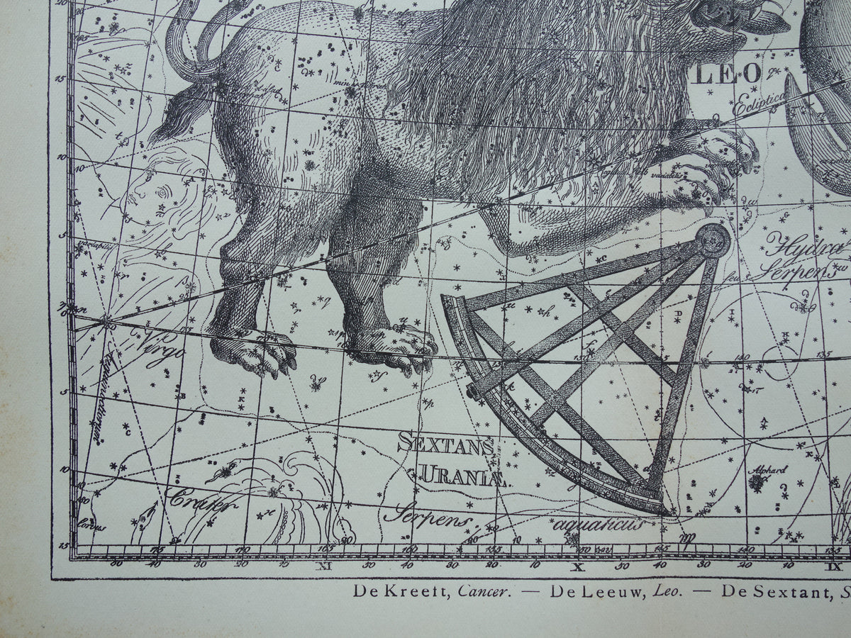 Leeuw en Kreeft Oude astrologie prent van sterrenbeeld Antieke sterrenkaart astronomie - Sterrenbeelden vintage print