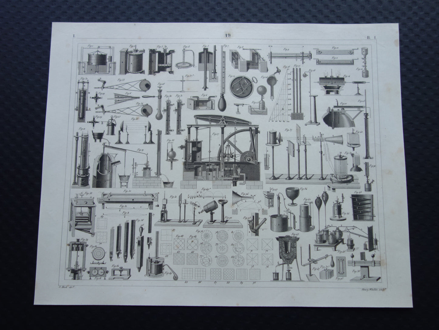 Old technology print antique poster illustration scientific instruments laboratory physics gas fluid thermodynamics pumps pneumatics