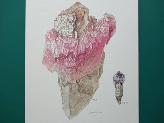 Rozenkwarts vintage mineraal prent uit 1967 Oude Mineralen Edelstenen Illustratie Kwarts Muurdecoratie Mineralogie Kristal