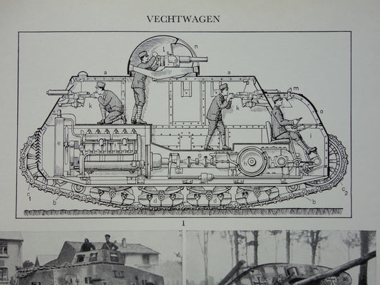 TANKS Oude Prent uit 1938 Originele vintage Nederlandse illustratie Militaire Voertuigen Tank Kleine print Vechtwagen