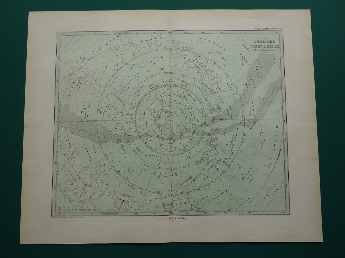 Oude astronomie prent van de zuidelijke sterrenhemel 1876 originele oude print sterren en sterrenbeelden sterrenkaart zuidelijk halfrond