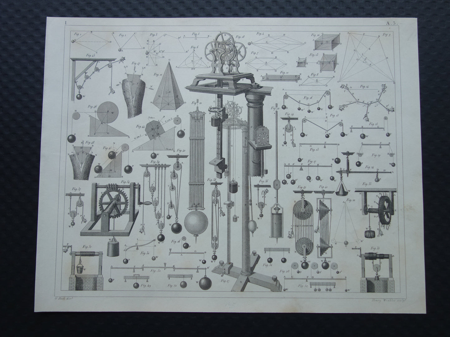 Natuurkunde oude prent katrollen 1849 originele antieke illustratie wetenschappelijke experimenten vintage print