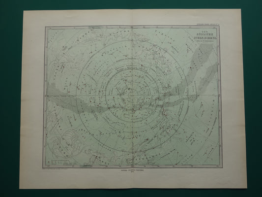 Oude astronomie prent van de zuidelijke sterrenhemel 1876 originele oude print sterren en sterrenbeelden sterrenkaart zuidelijk halfrond