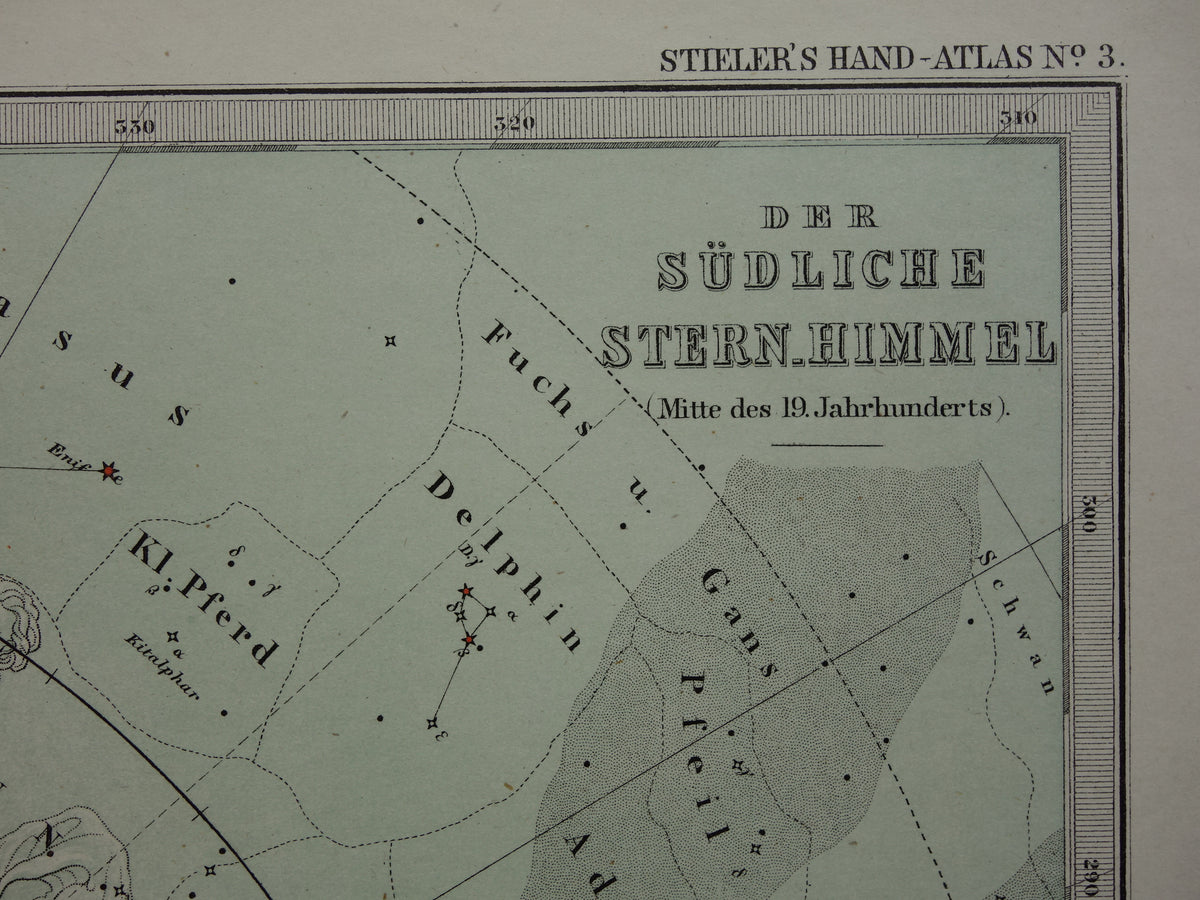 Oude astronomie prent van de zuidelijke sterrenhemel 1876 originele oude print sterren en sterrenbeelden sterrenkaart zuidelijk halfrond