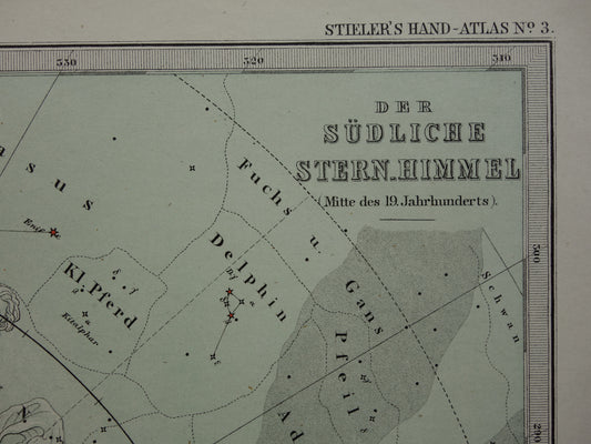 Oude astronomie prent van de zuidelijke sterrenhemel 1876 originele oude print sterren en sterrenbeelden sterrenkaart zuidelijk halfrond