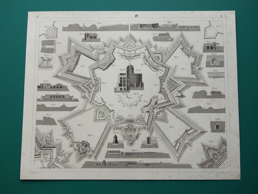Vestingwerken Vauban oude prent over historische fortificaties - originele antieke militaire illustratie - leger print