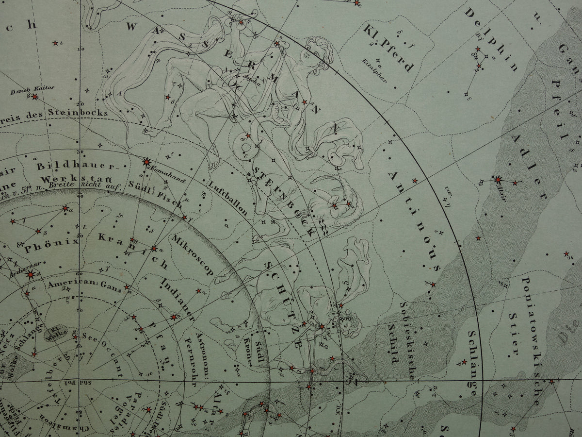 Oude astronomie prent van de zuidelijke sterrenhemel 1876 originele oude print sterren en sterrenbeelden sterrenkaart zuidelijk halfrond