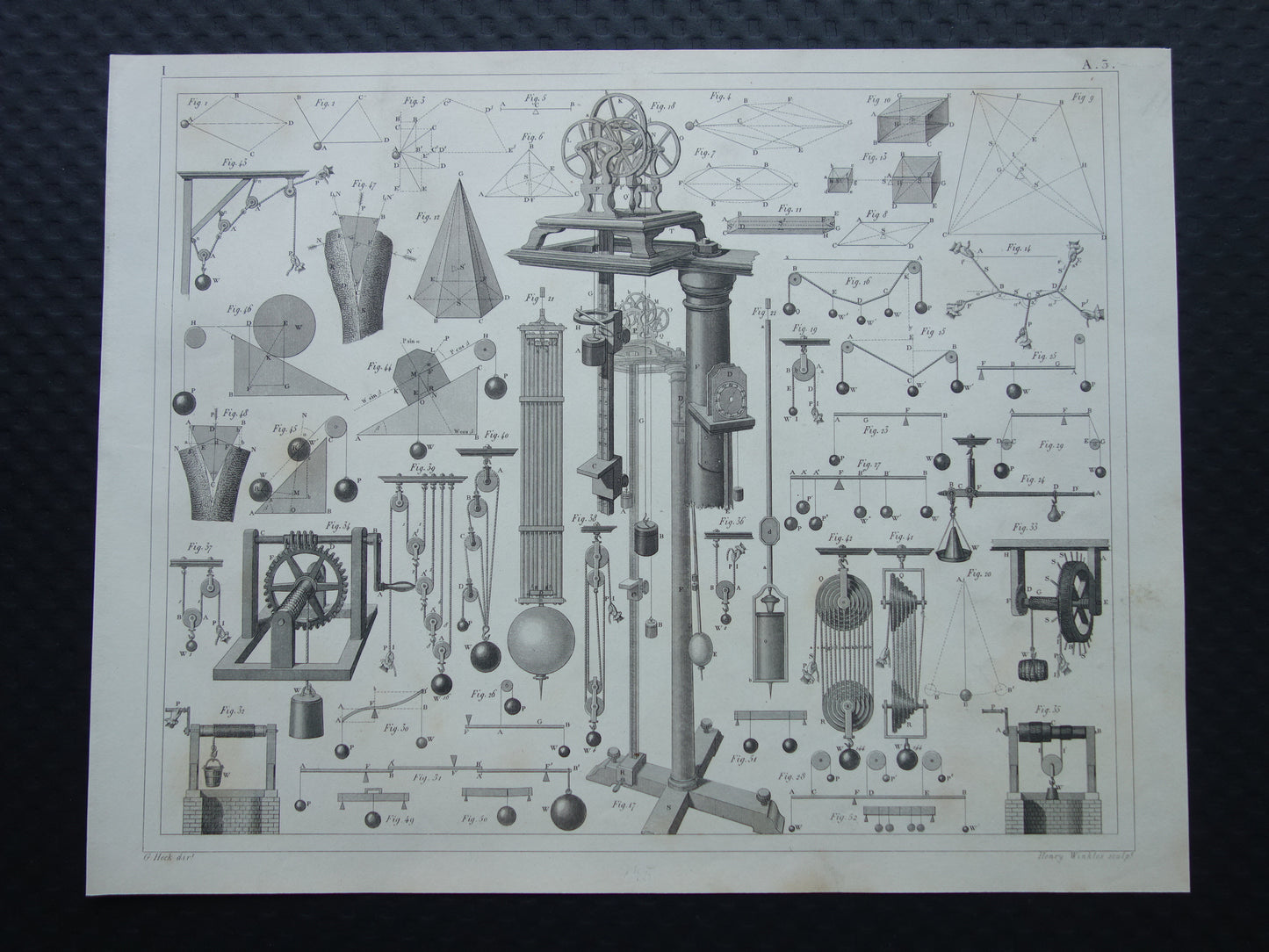 Natuurkunde oude prent katrollen 1849 originele antieke illustratie wetenschappelijke experimenten vintage print