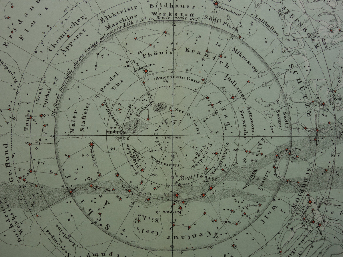 Oude astronomie prent van de zuidelijke sterrenhemel 1876 originele oude print sterren en sterrenbeelden sterrenkaart zuidelijk halfrond