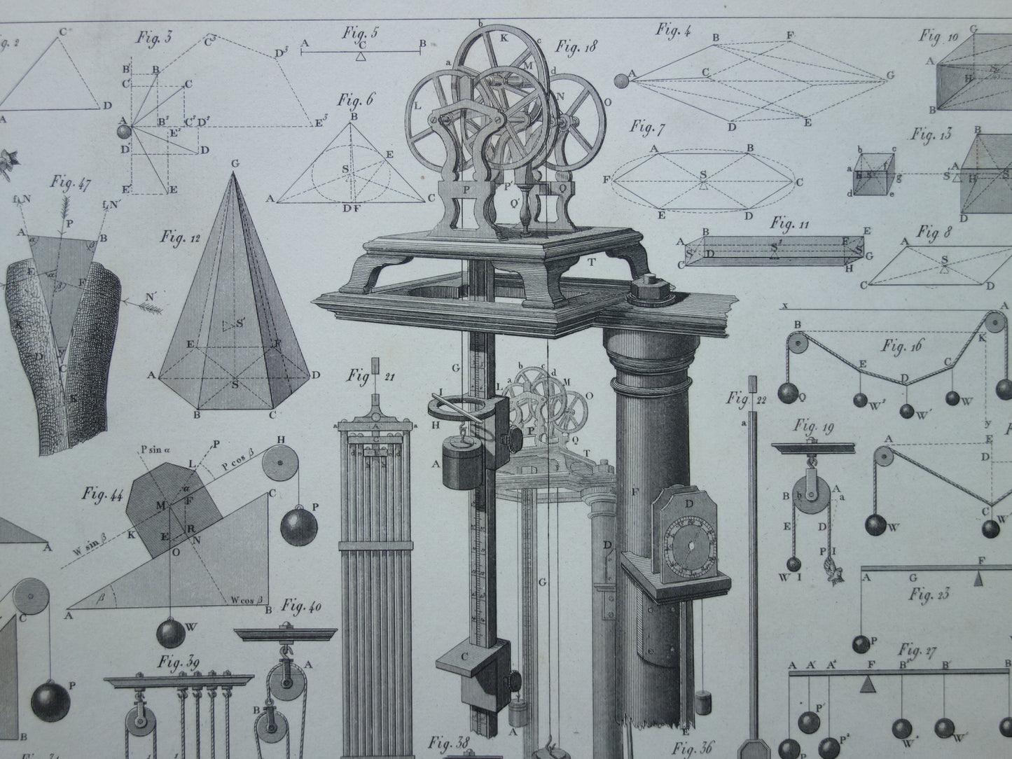 Natuurkunde oude prent katrollen 1849 originele antieke illustratie wetenschappelijke experimenten vintage print