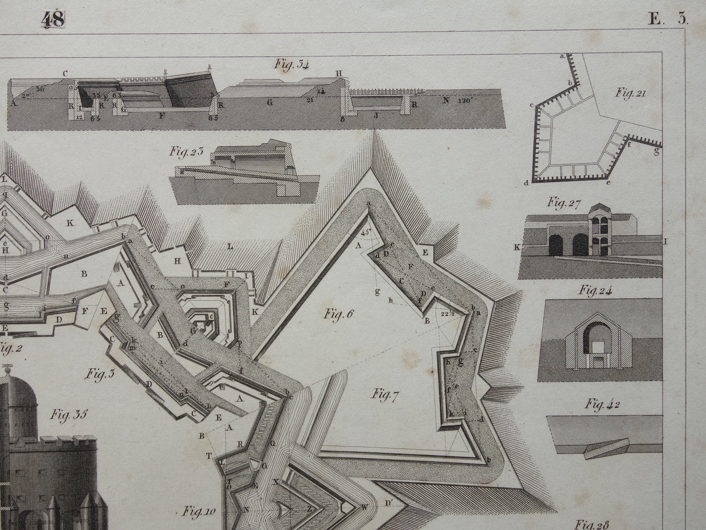 Vestingwerken Vauban oude prent over historische fortificaties - originele antieke militaire illustratie - leger print