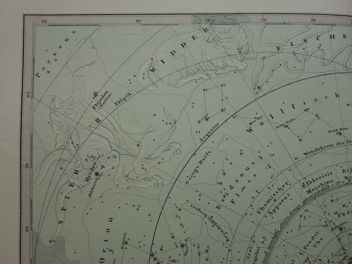 Oude astronomie prent van de zuidelijke sterrenhemel 1876 originele oude print sterren en sterrenbeelden sterrenkaart zuidelijk halfrond