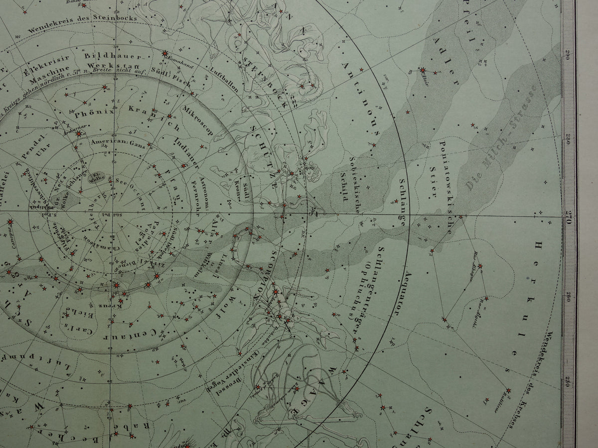 Oude astronomie prent van de zuidelijke sterrenhemel 1876 originele oude print sterren en sterrenbeelden sterrenkaart zuidelijk halfrond