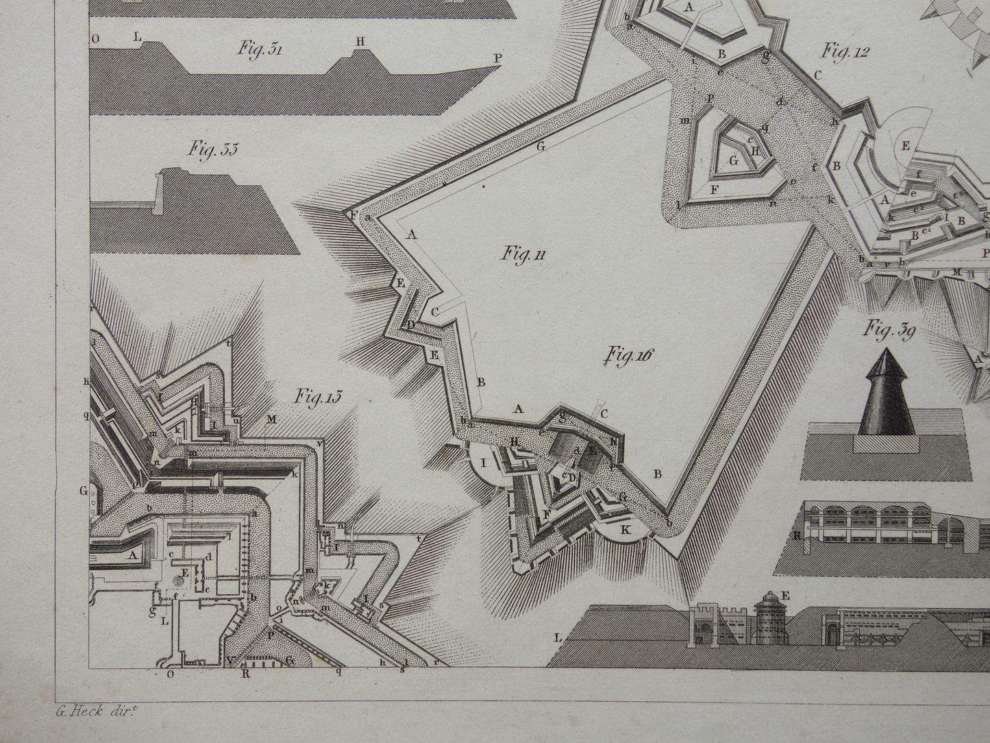 Vestingwerken Vauban oude prent over historische fortificaties - originele antieke militaire illustratie - leger print