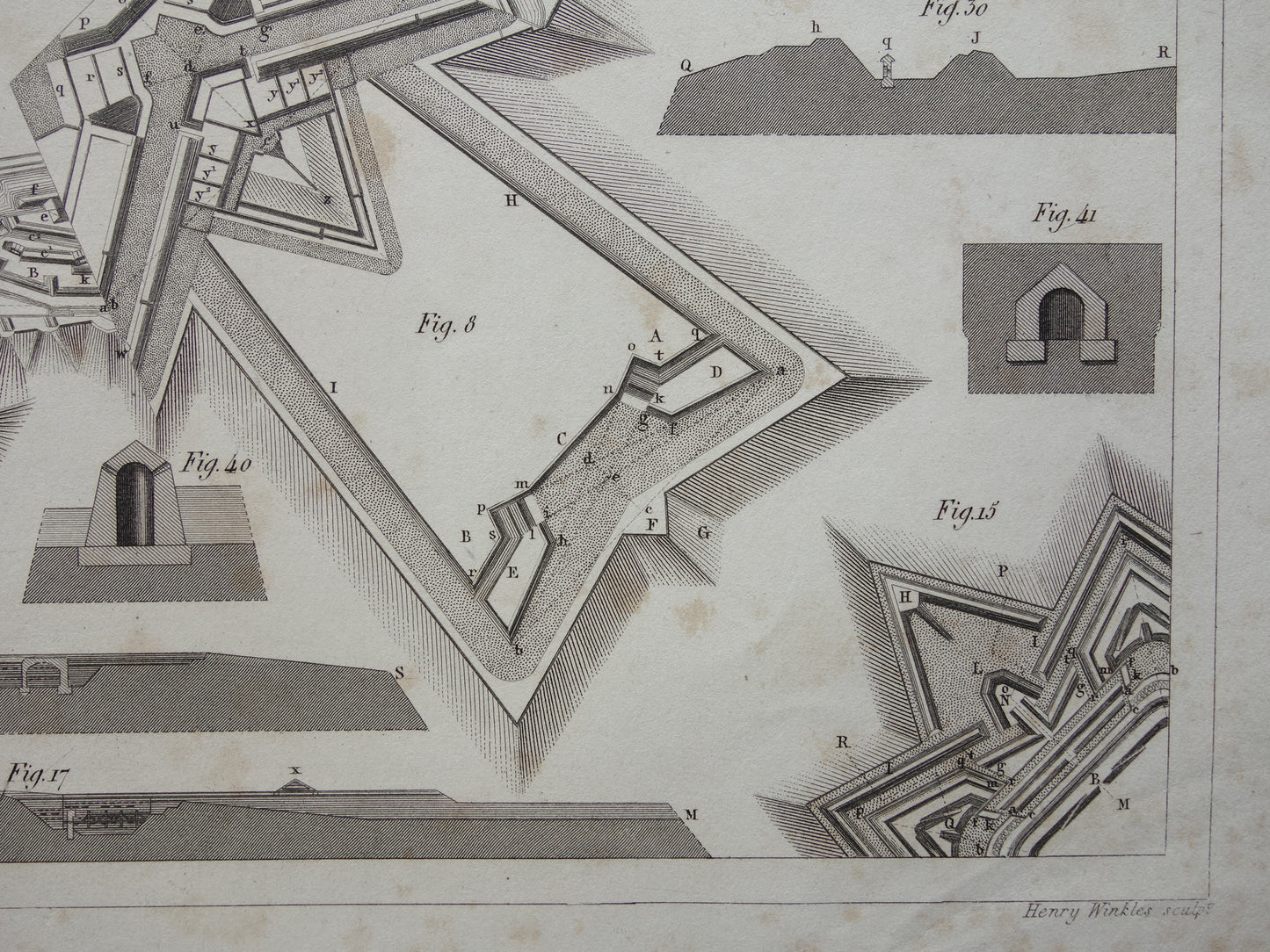 Vestingwerken Vauban oude prent over historische fortificaties - originele antieke militaire illustratie - leger print