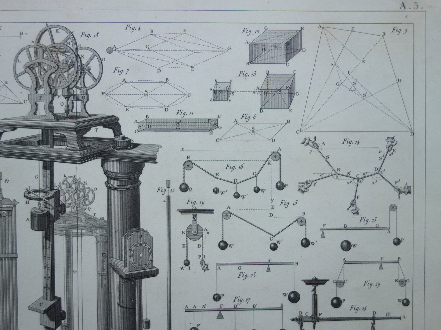 Natuurkunde oude prent katrollen 1849 originele antieke illustratie wetenschappelijke experimenten vintage print