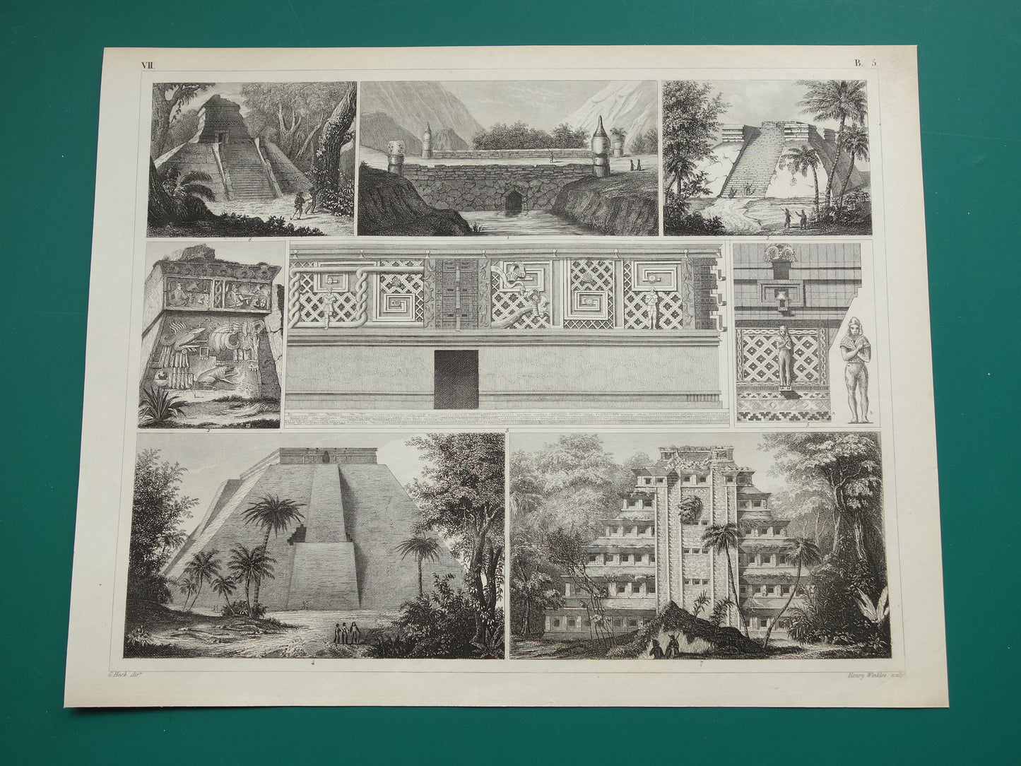 MAYATEMPELS Oude prent Mesoamerikaanse architectuur 1849 originele antieke illustratie gravure Maya piramide van de Nissen