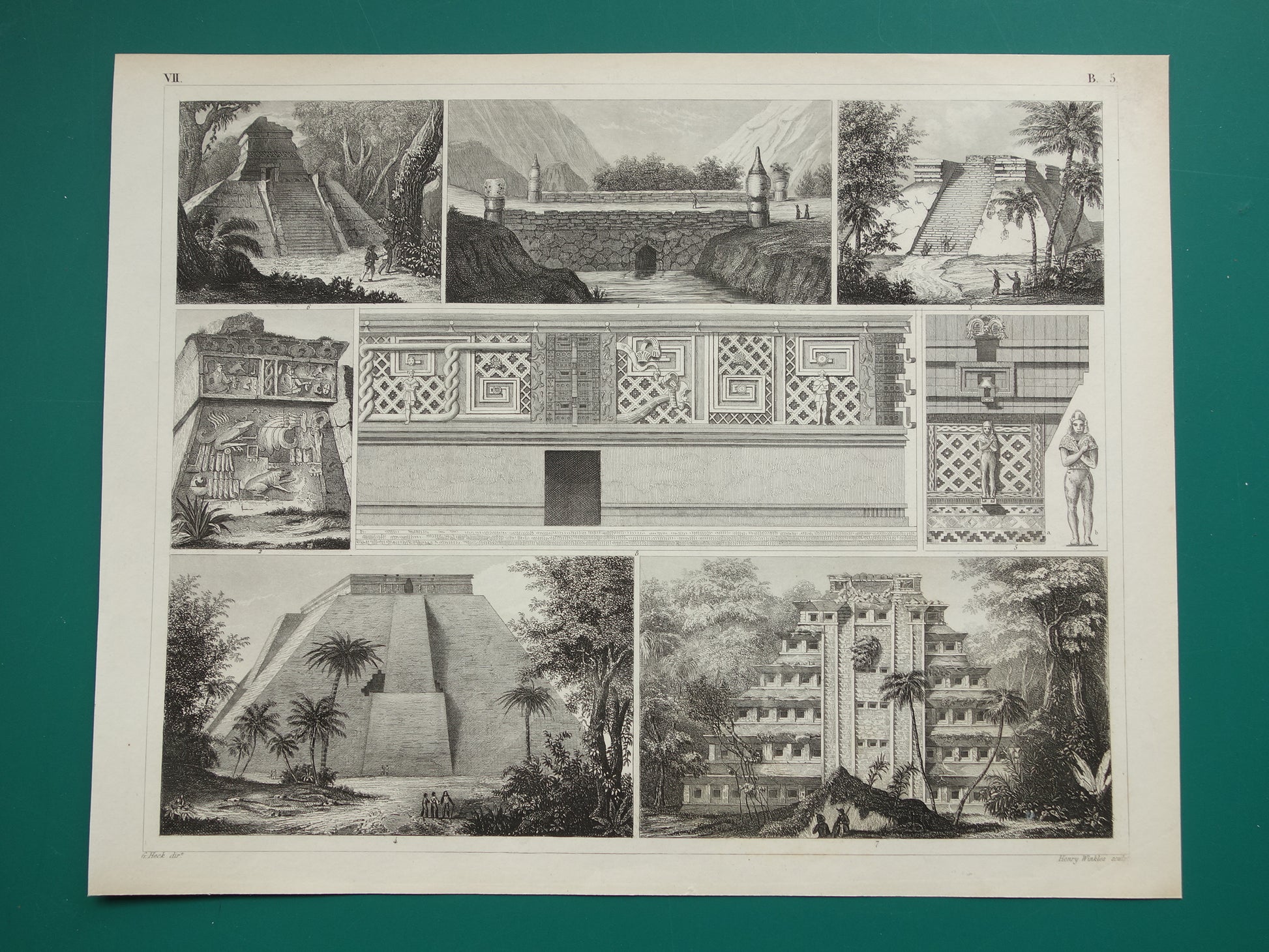 MAYATEMPELS Oude prent Mesoamerikaanse architectuur 1849 originele antieke illustratie gravure Maya piramide van de Nissen
